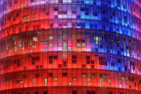 Torre Agbar, architect Jean Nouvel, at dusk, Avinguda Diagonal, Barcelona, ??Catalonia, Spain,
