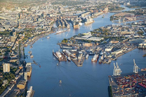 Aerial view of the port of Hamburg with Elbe, Elbe Philharmonic Hall, Speicherstadt, harbour city,