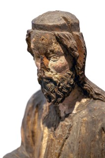 Detail of Christ, Palmesel, wooden figure c. 1350, on a white background, Diözesan Museum,