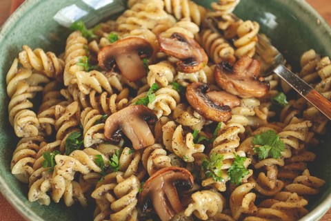 Fusilli pasta, in creamy mushroom sauce, pasta with mushrooms, homemade, no people