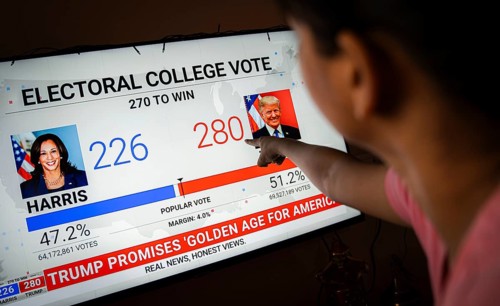 In this photo illustration, a person watch results of U.S. elections on a television in Guwahati,