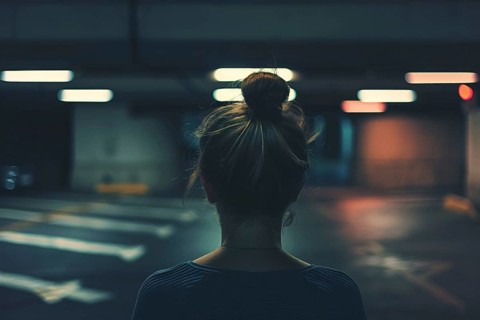 Back view of young woman alone in dark parking garage. Generative Ai, AI generated