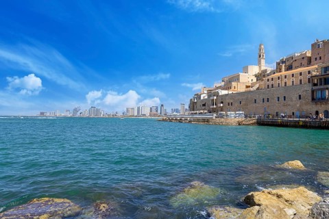 Israel, view of Tel Aviv shore sea shoreline and Namal Yafo historic Old Jaffa port, Asia
