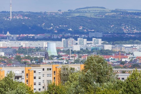 Panoramic view over Gorbitz to Nossener Brücke, Prager Straße, television tower and Triebenberg,