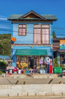 Street scene with general shop in the old town of Ko Lanta, dilapidated, row of houses, town,