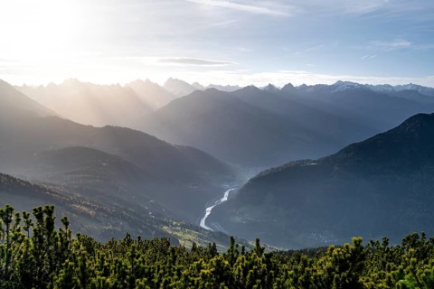 Upper Inn Valley in the morning light, view from Venet, Ötztal Alps, Tyrol, Austria, Europe