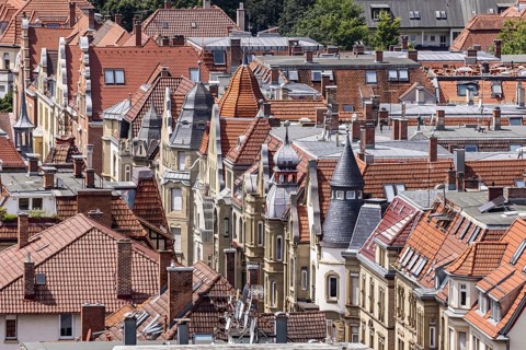 City view of Stuttgart. View of the roofs and facades of Stuttgart-Süd with Liststraße. Stuttgart,