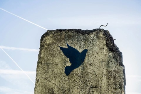 Monument, part of the Berlin Wall with dove of peace, Schengen, Canton of Remich, Luxembourg,
