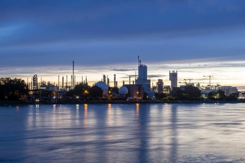 BASF, Lugwigshafen on the Rhine, industrial area, dusk, Mannheim, Baden-Württemberg, Germany,