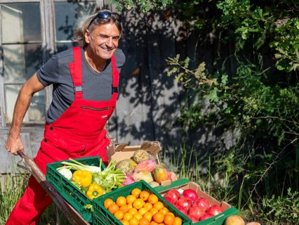 Man with red work trousers pushing wheelbarrow full of different fruits in front of old shed,
