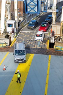 Cars driving on ferry, harbour, Dover, Kent, England, Great Britain