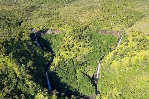 Aerial view Kahili Falls (Five Sisters Falls), Hanapepe Valley, Kauai, Hawaii, USA, North America