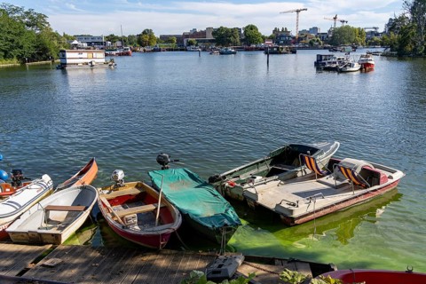 Rummelsburg Bay, small old wooden boats, Berlin, Germany, Europe