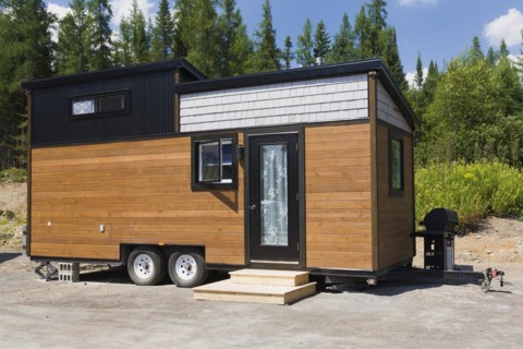 Contemporary brown stained pine and grey oak wood shingles clad cottage style 8 x 24 foot sloped