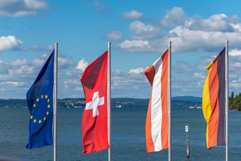 Waving flags, Europe, Switzerland, Austria, cityscape, blue sky, Hagnau on Lake Constance,