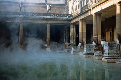 Steam rising from the hot waters of the Great Bath, Roman Baths, Bath, North East Somerset,