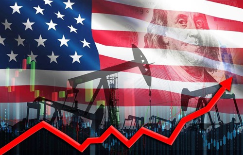 Oil pumps with the USA flag. Oil rise with the US flag. Oil production with USA flag