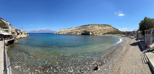 View of bay and beach of Matala with Libyan Sea Mediterranean on south coast of island Crete, in