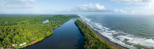 Aerial view, beach and sea, coast with rainforest, Tortuguero National Park, Costa Rica, Central