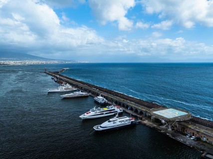 Naples Ferry Terminal from a drone, Molo Immacolatella Vecchia, Naples, Campania, Italy, Europe
