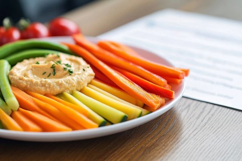 Plate with raw vegetables and hummus dip. Generative Ai, AI generated