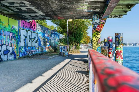 Graffiti on Lake Zurich, street art, lake, Zurich, Switzerland, Europe