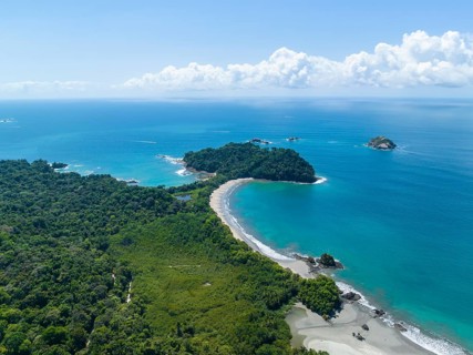 Aerial view, coast and rainforest, Corrohoe Bay and Playa Espadilla, Manuel Antonio National Park,