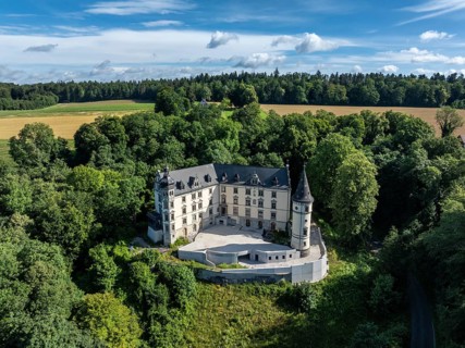 Aerial view of Steinegg Castle, a castle rebuilt in 1887 in the Neo-Renaissance style and renovated