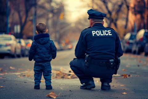 Back view of male police officer interacting with small toddler child in street. KI generiert,