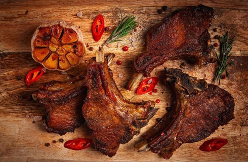Fried veal ribs, with spices, baked in the oven, homemade, no people