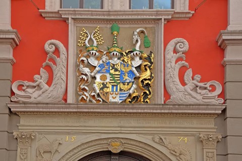 City coat of arms with decorations and year 1574, Renaissance, red, historic, historical, princely,