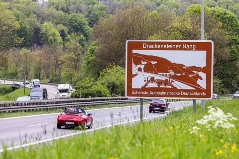Tourist information board on the Drackensteiner Hang, A8 motorway near Hohenstadt in the Swabian