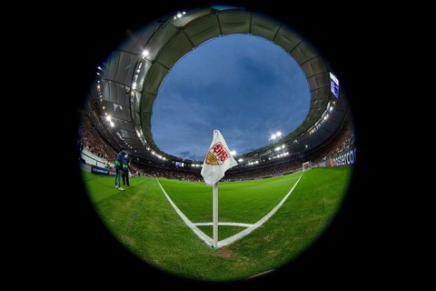 Corner flag, VfB Stuttgart, logo, blue hour, fisheye, Champions League, MHPArena, MHP Arena