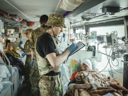 Evacuation of seriously injured soldiers, undisclosed location, Donbass frontline, Ukraine, 2024,