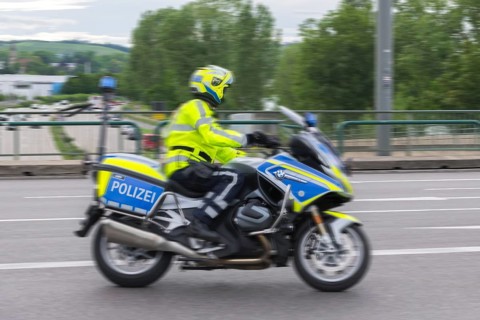 Police officer on motorbike, Stuttgart, Baden-Württemberg, Germany, Europe