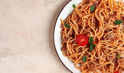 Spaghetti Bolognese, top view, close-up, no people, homemade