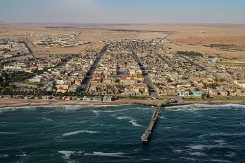 Aerial view of Swakopmund with the jetty and the Namib Desert on the Atlantic coast, Swakopmund,