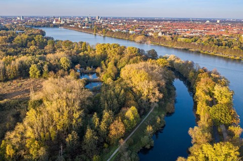Drone shot of river Leine and lake Maschsee in autumn, Hannover city, Germany, Europe