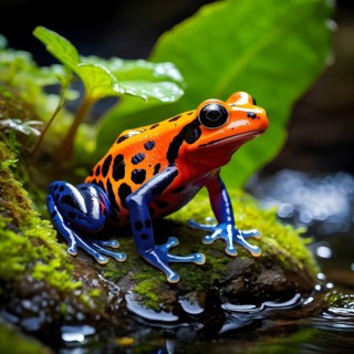 Poison dart frog adorned in bright vivid hues sitting near a moss covered rock, AI generated