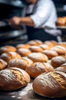 Fresh loaves of bread dominate the foreground of an industrial bakery, AI generated