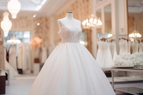 White elegant wedding dress in bridal shop. KI generiert, generiert AI generated