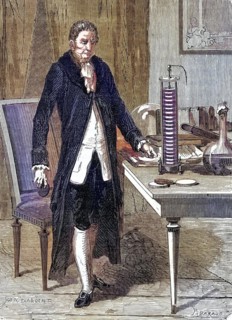 Alessandro Volta (1745-1827) Italian physicist, demonstrating his electric pile (battery), Wood