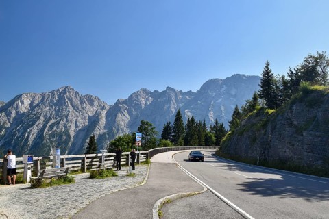 Tourists on the Rossfeld panoramic road near Berchtesgaden with the Hoher Göll, Bavaria, Germany,
