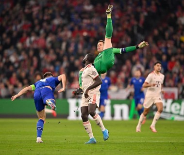 Goalkeeper Manuel Neuer FC Bayern Munich FCB (01) is injured in a duel with Bruno Petkovic GNK