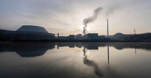 Energy turnaround, shutdown Neckarwestheim nuclear power plant on the Neckar, sunrise, foggy,