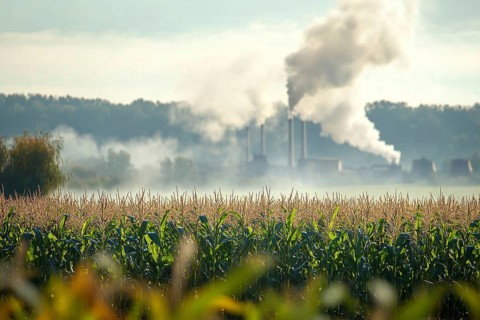 Agricultural field and factory with fumes in blurry background. Generative Ai, AI generated