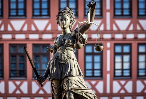 Justitia, Roman goddess of justice. Römerberg, city centre of Frankfurt am Main, Hesse, Germany,