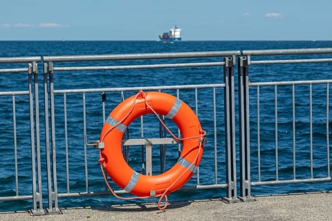 Lifebuoy, ferry dock, container ship, Falckenstein, Kiel, Kiel Fjord, Schleswig-Holstein, Germany,