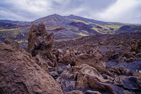 Lava rock and crater landscape around the Crateri Silvestri in the Etna National Park, Parco