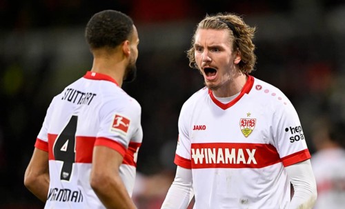 Goal celebration Nick Woltemade VfB Stuttgart (11) (right) Josha Vagnoman VfB Stuttgart (04)